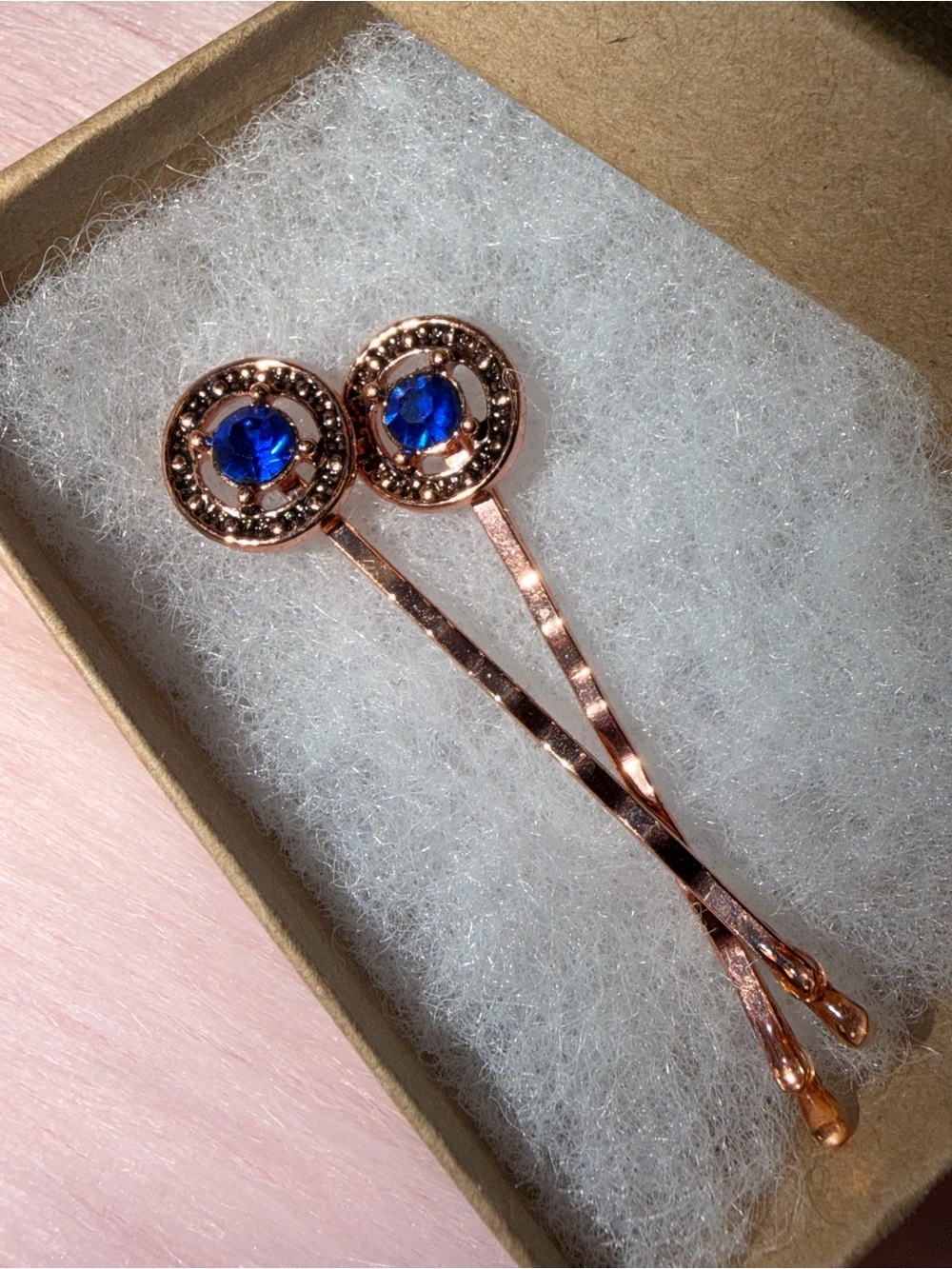Macy's Rose Gold Bobby Pins with Blue Crystal Centers